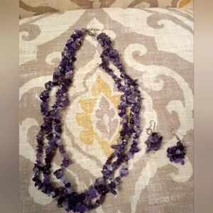 Purple Gemstone Triple Strand Necklace and Earring Set